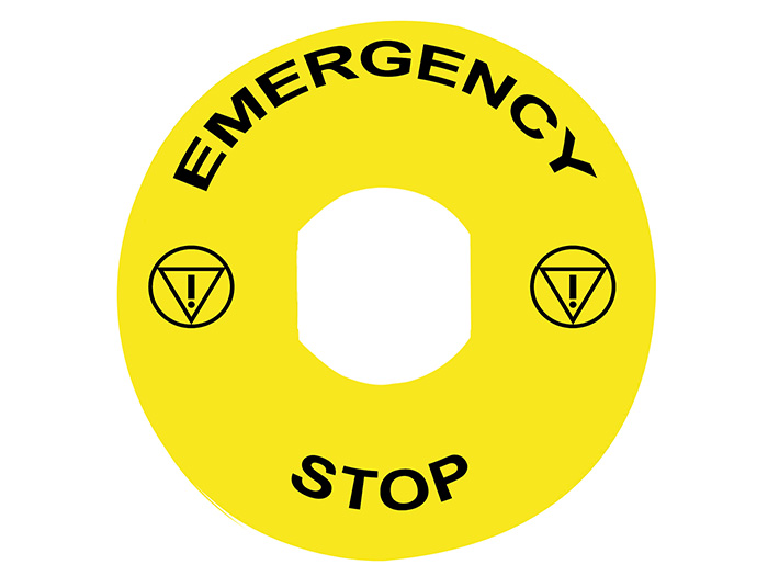 Etiquette circulaire Ø90mm jaune - logo EN13850 - EMERGENCY STOP